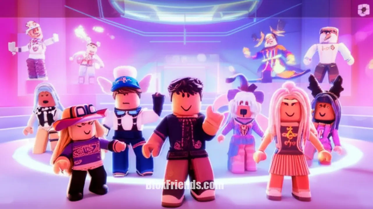 Grupo de avatares Roblox exibindo trajes temáticos de diferentes marcas em cenário de desfile de moda dinâmico.