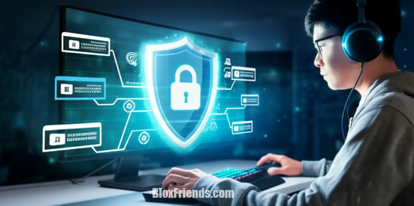 Imagem de um gamer protegido por um escudo digital, simbolizando a segurança da conta Roblox contra golpes e sites maliciosos.