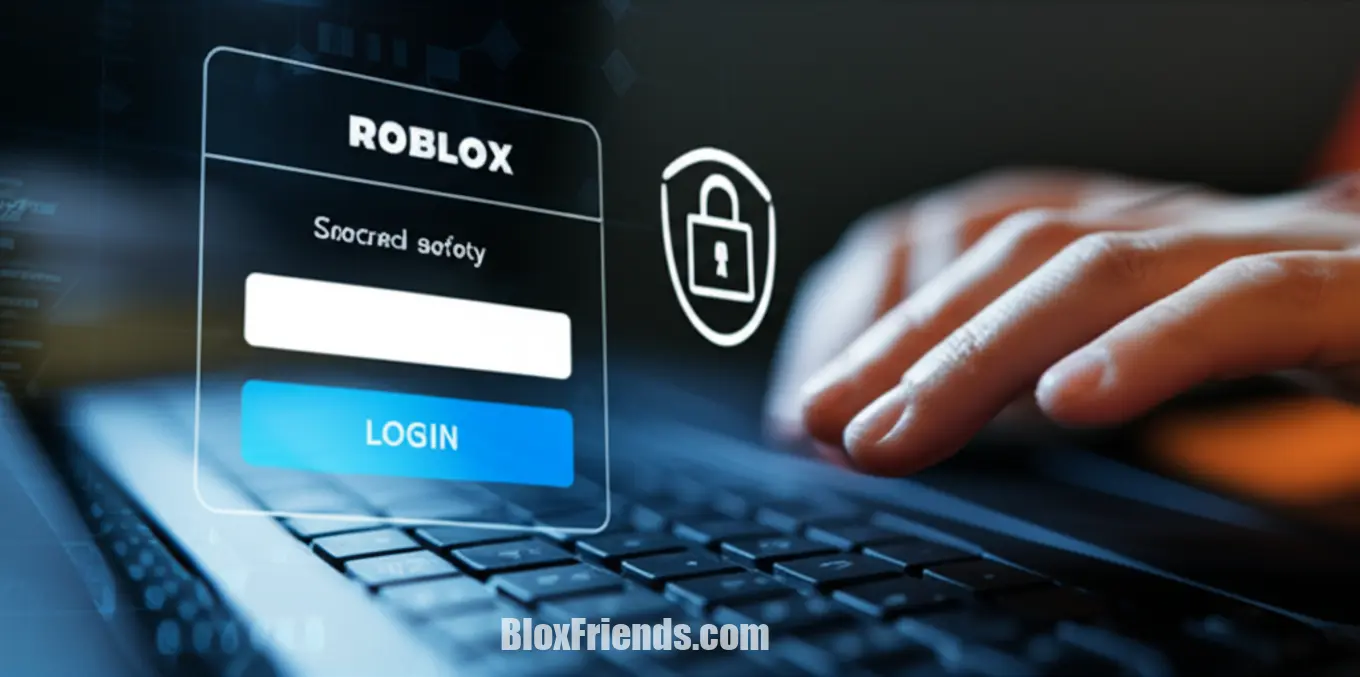 Close-up de mãos de personagem Roblox digitando em um teclado, com um cadeado e uma página de login segura do Roblox ao fundo, simbolizando segurança online e proteção de conta.