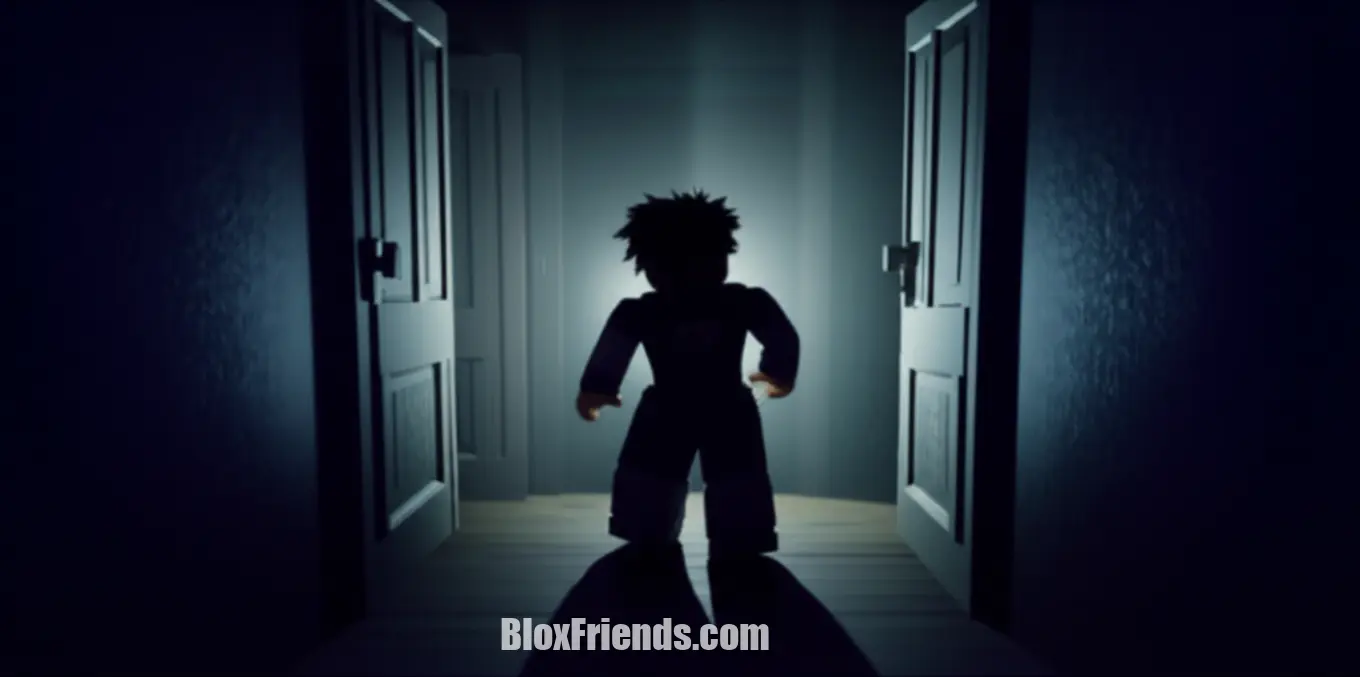 Imagem no meio do post com um avatar Roblox explorando uma sala misteriosa e sombria, simbolizando a experiência única de um jogo de terror.