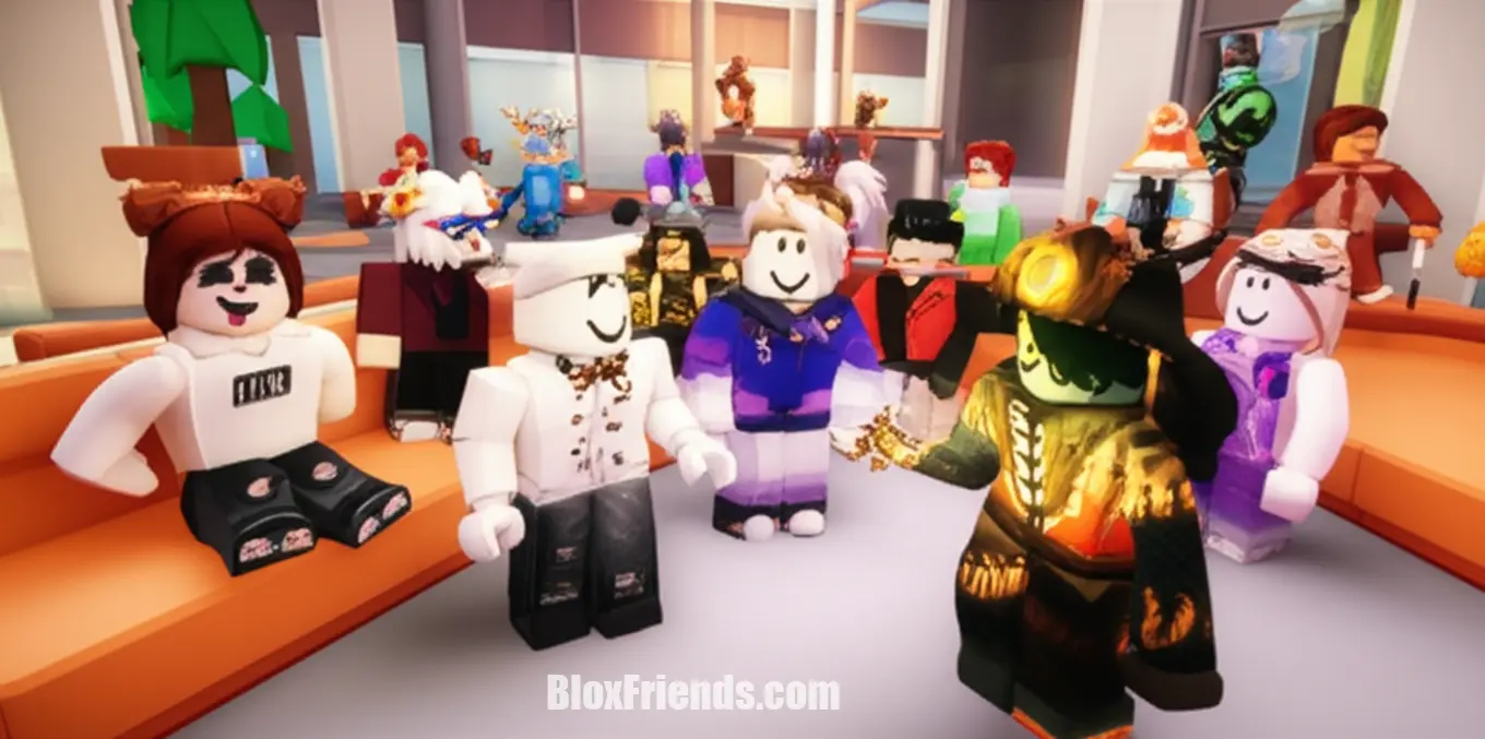 Grupo de avatares Roblox mostrando itens UGC exclusivos em um ambiente social de jogo.