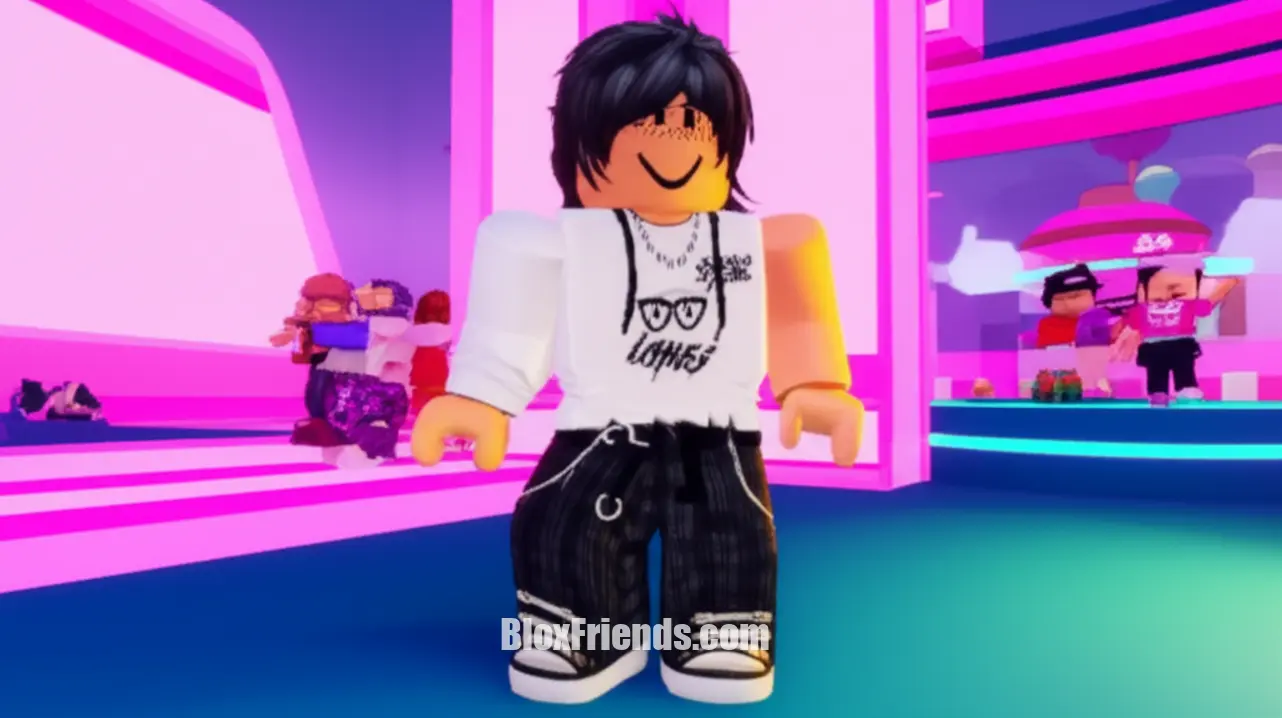 Close-up de avatar Roblox bem vestido com vários acessórios UGC, em um jogo de 'vibe' mostrando sua coleção.