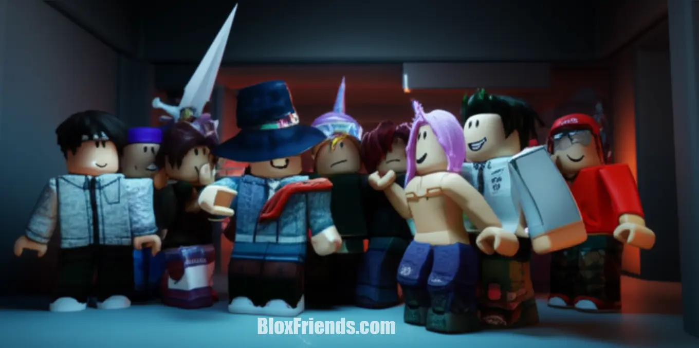 Imagem do meio de personagens Roblox sussurrando e apontando uns para os outros em um mapa de jogo escuro, representando a dedução social e a tensão.