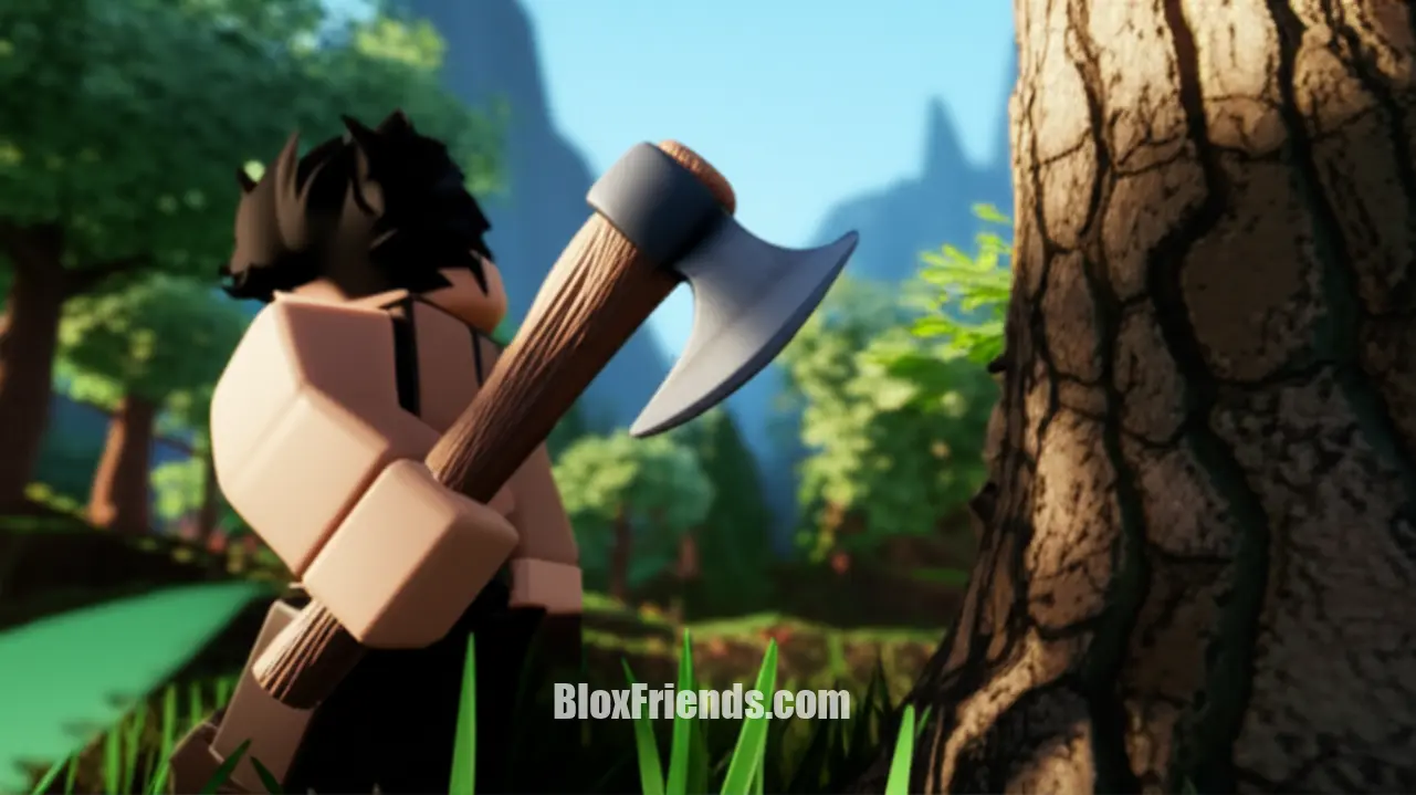 Imagem de um personagem Roblox construindo um abrigo ou coletando recursos em um jogo de sobrevivência de mundo aberto.