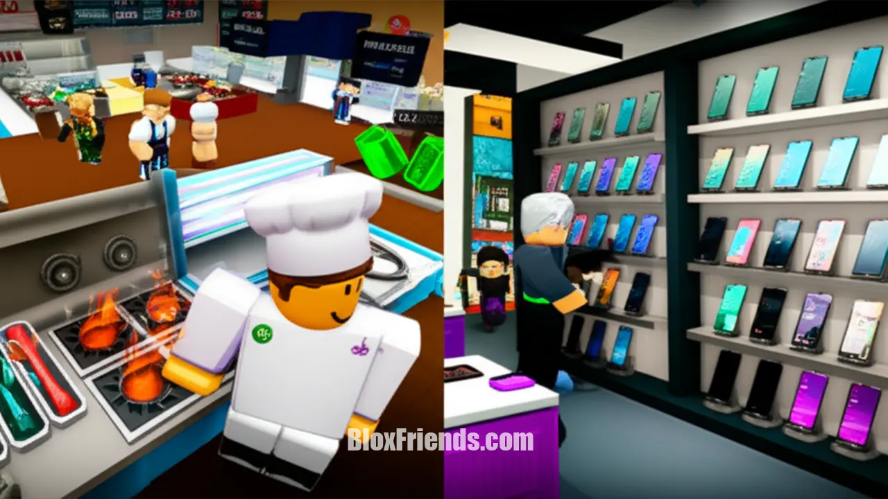 Imagem do meio com cenas de jogabilidade de Restaurant Tycoon e Phone Store Tycoon no Roblox.
