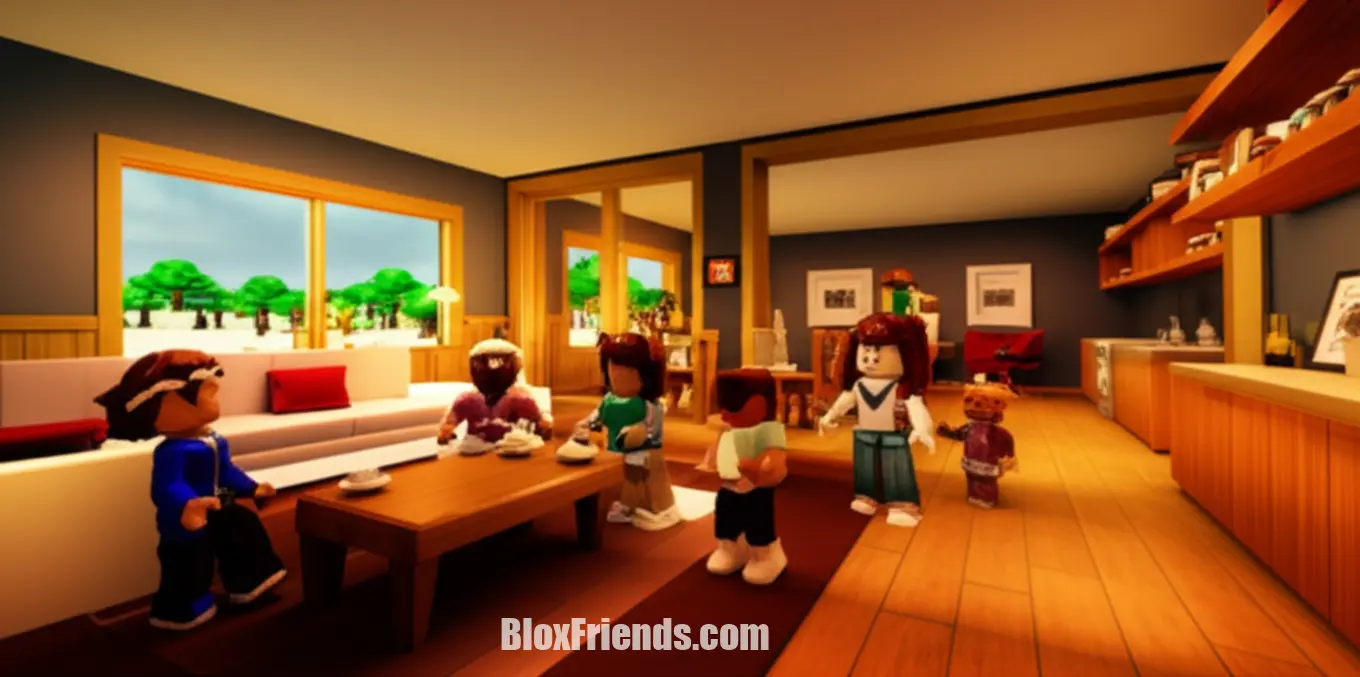 Imagem de avatares Roblox dentro de uma casa moderna e aconchegante, interagindo em um cenário de roleplay familiar, com foco em detalhes domésticos.