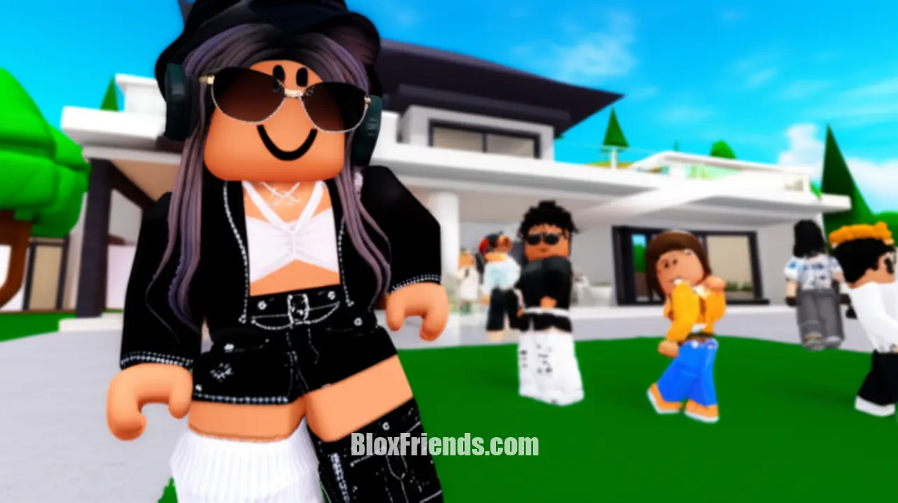 Avatar Roblox estiloso em frente a uma mansão de luxo em um jogo de roleplay.