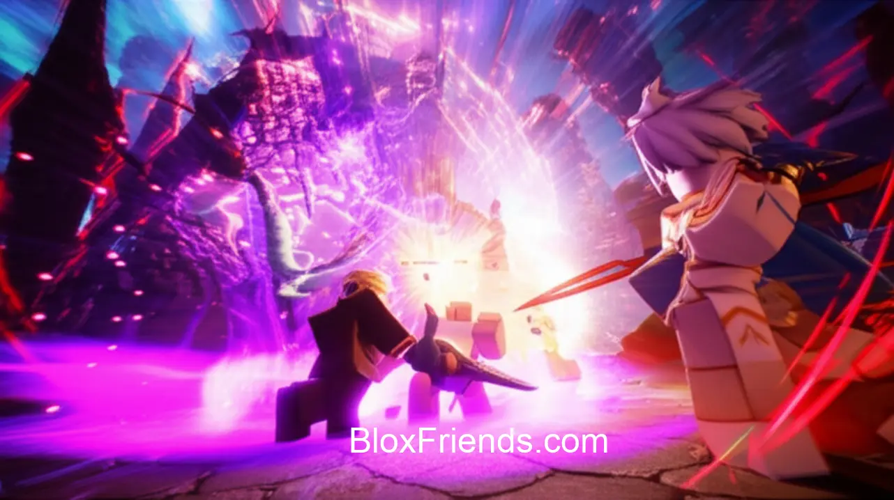 Imagem de ação no meio do post, mostrando uma batalha épica contra um chefe em um RPG de anime do Roblox, com efeitos visuais e personagens estilizados.