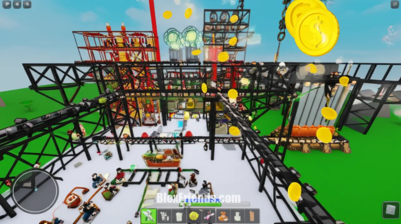 Imagem de gameplay de um popular jogo Tycoon no Roblox, mostrando uma base bem desenvolvida com elementos de produção e moedas virtuais.