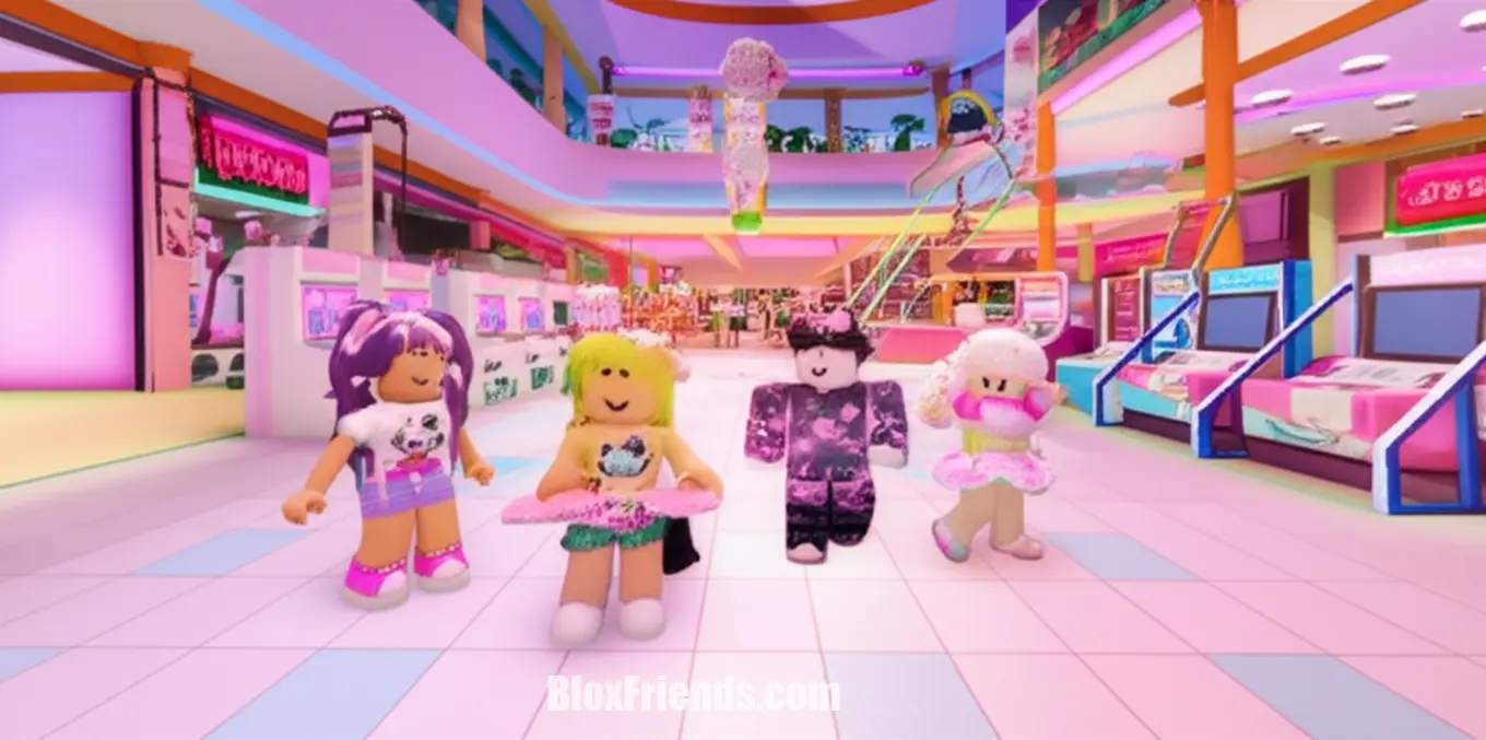 Cena de jogo Roblox com estética Y2K, personagens usando itens Hello Kitty e vibrantes cores neon.