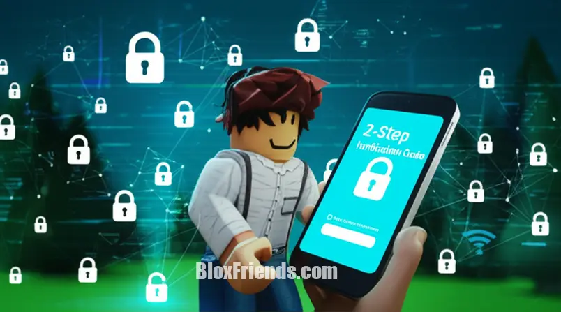 Personagem Roblox verificando o celular com código 2FA, simbolizando a segurança online e a verificação em duas etapas.
