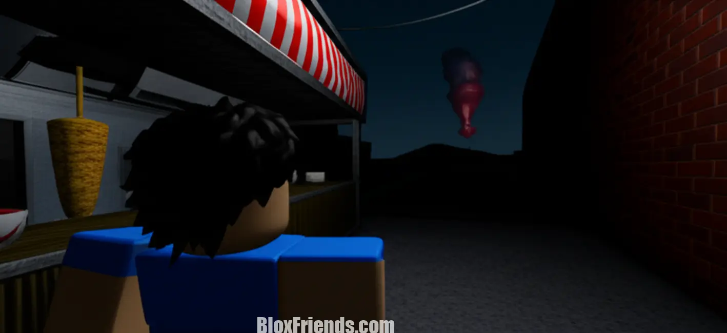 Jogador Roblox se escondendo em um quiosque de shawarma, observando uma anomalia visual distante.