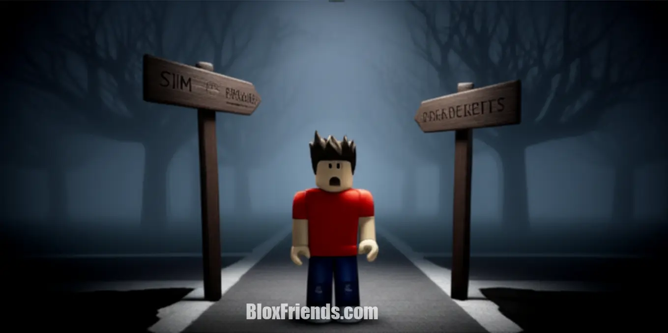 Personagem Roblox assustado em uma encruzilhada, simbolizando as escolhas dos finais em Scary Shawarma Kiosk, com atmosfera de mistério.