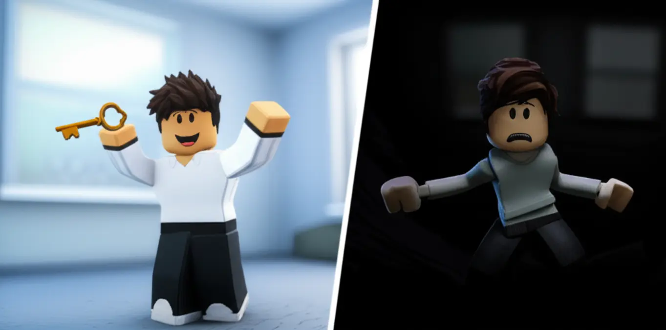 Imagem dividida mostrando um final feliz e um final ruim do jogo Scary Shawarma Kiosk, com personagens Roblox expressando diferentes emoções.