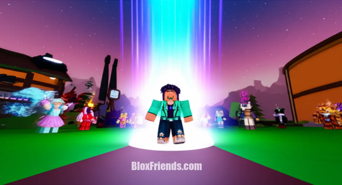 Personagem Roblox exibindo uma aura transcendente vibrante no jogo Sol's RNG, com outros jogadores ao redor.