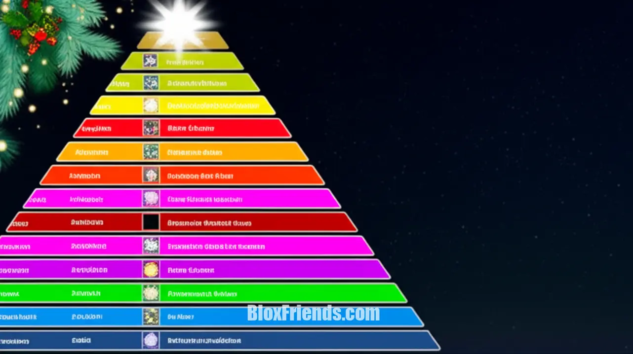 Infográfico mostrando a pirâmide de raridade das auras de Natal em Sol's RNG, do comum ao mítico.
