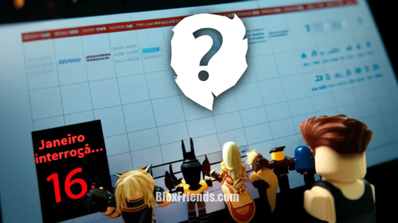 Calendário de janeiro riscado com um ponto de interrogação e um sinal de 'Em Breve' no contexto de The Strongest Battlegrounds