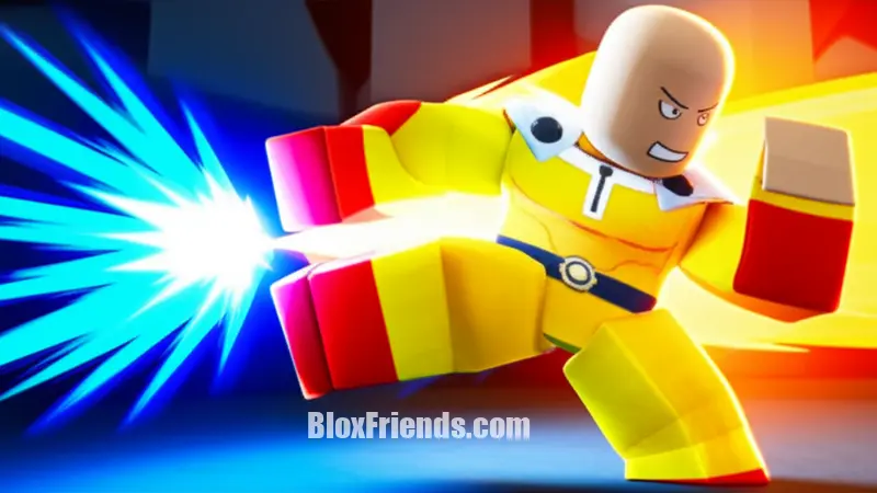 Jogador de Roblox controlando Saitama, executando a sequência de golpes no jogo The Strongest Battlegrounds.