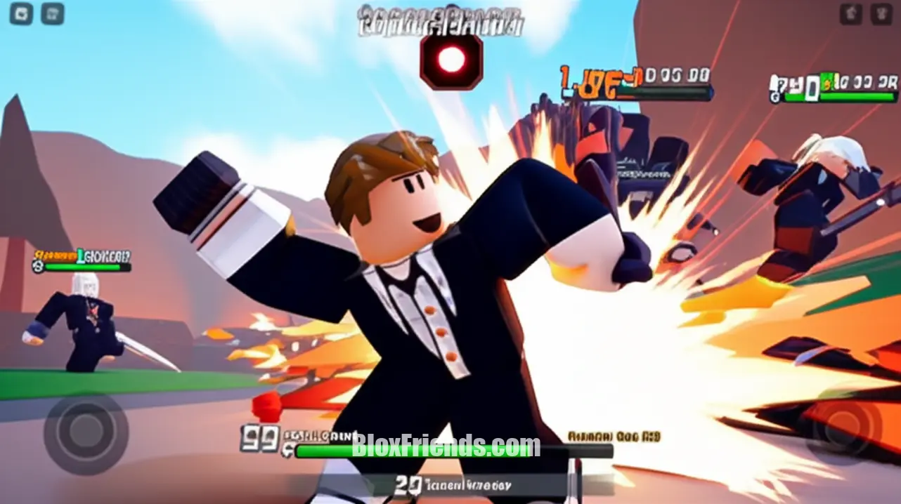 Personagem de The Strongest Battlegrounds executando um combo aéreo com efeitos visuais, mostrando precisão e técnica em uma batalha PvP.