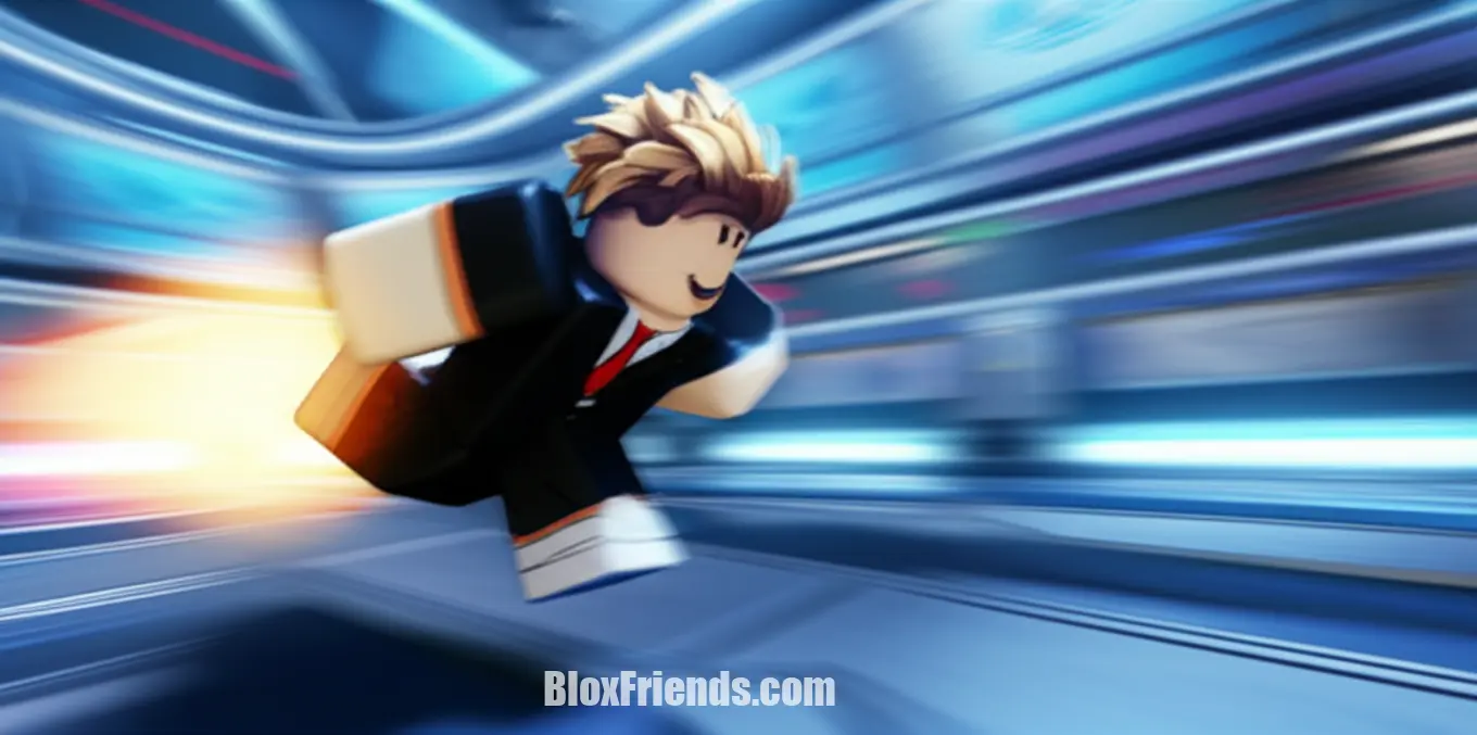 Imagem de um personagem de The Strongest Battlegrounds realizando uma esquiva rápida em uma arena de combate.