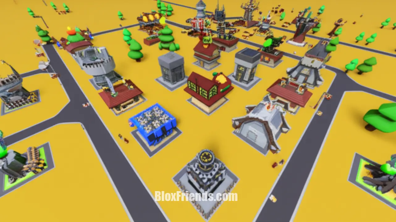 Imagem no meio do post mostrando um layout estratégico de torres em um mapa do Tower Defense Simulator Hardcore, destacando Farms, Accelerators e Commanders.