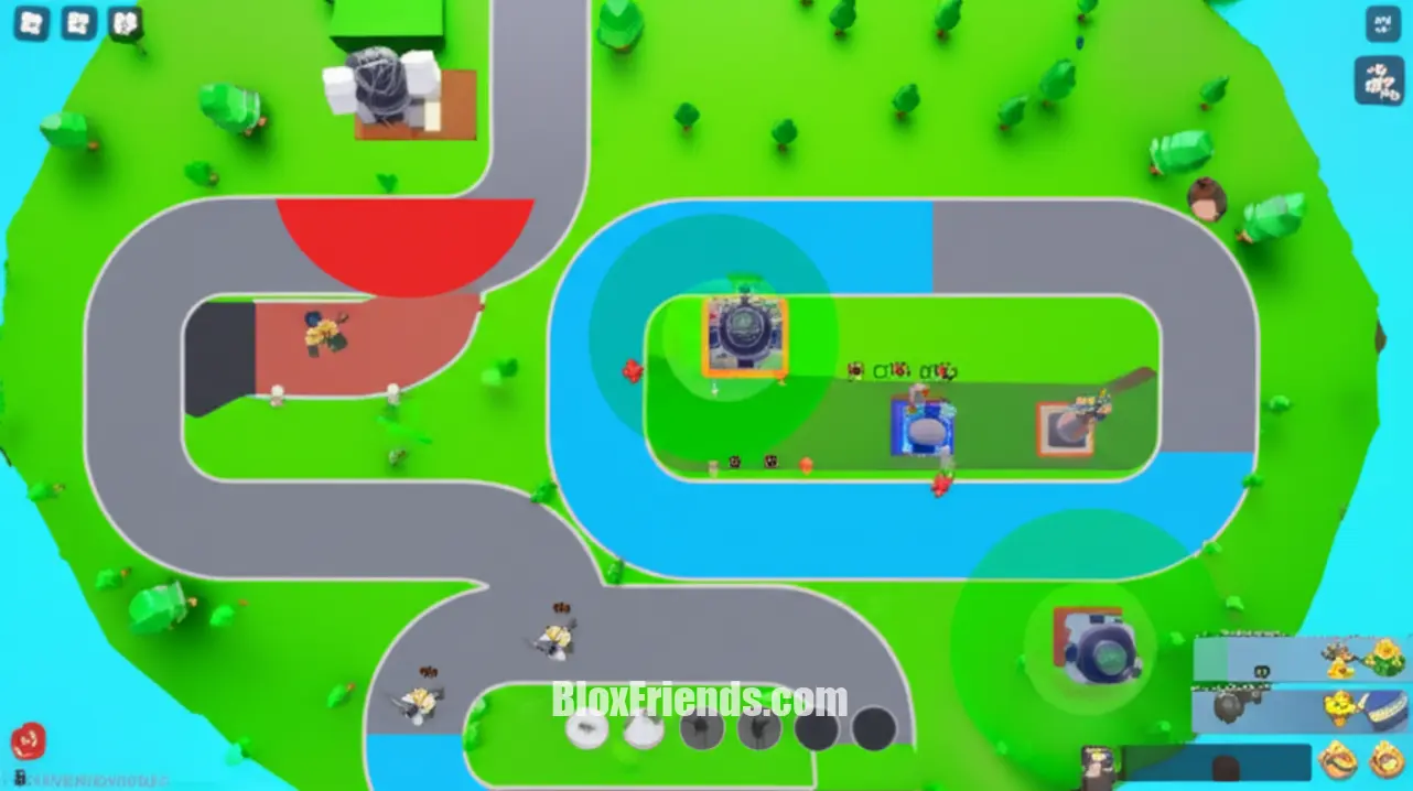 Jogadores colaborando estrategicamente, posicionando torres e gerenciando recursos em uma intensa batalha de Tower Defense Simulator, mostrando uma visão aérea de um mapa bem defendido.