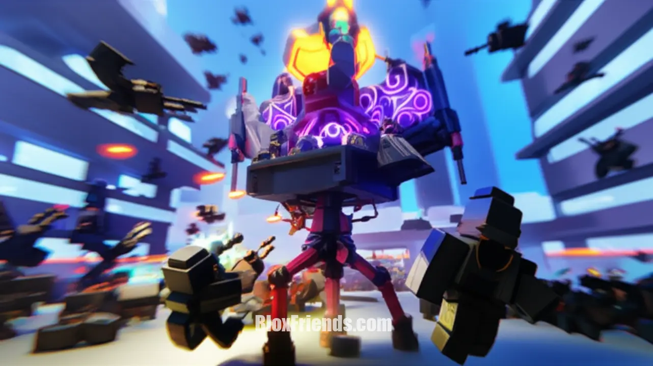 Imagem detalhada de uma torre Tier S do Tower Defense Simulator, como o Accelerator, em combate contra inimigos.