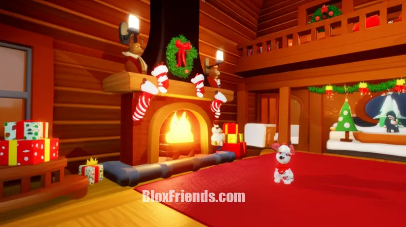 Imagem de uma sala de estar em Adopt Me! com decoração de Natal, lareira e pets celebrando.