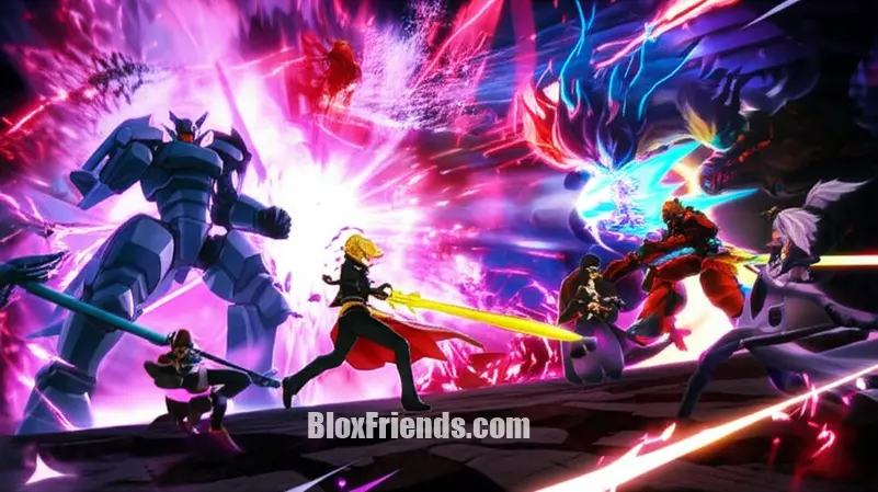 Personagens de Anime Vanguards em uma batalha épica contra chefes em uma fase de pesadelo, com um tanque na frente, DPS atacando e um suporte curando, mostrando trabalho em equipe.