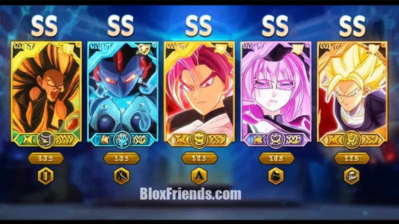 Arte conceitual detalhada de três personagens míticos de defesa de torre do jogo Anime Vanguards, com seus nomes e classificação de tier (SSS, SS, S) destacadas, em um fundo de ranking.