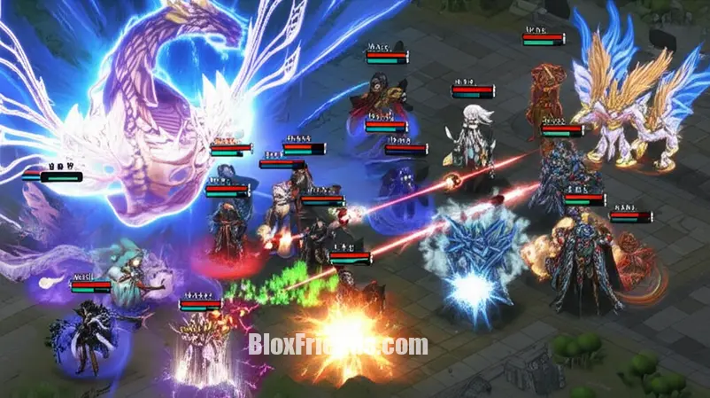 Imagem no meio do post: Batalha épica com unidades míticas de Anime Vanguards em ação.