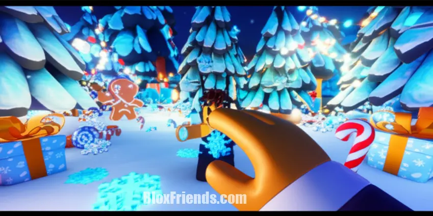 Jogador de Bee Swarm Simulator coletando itens temáticos de inverno durante o evento Beesmas.