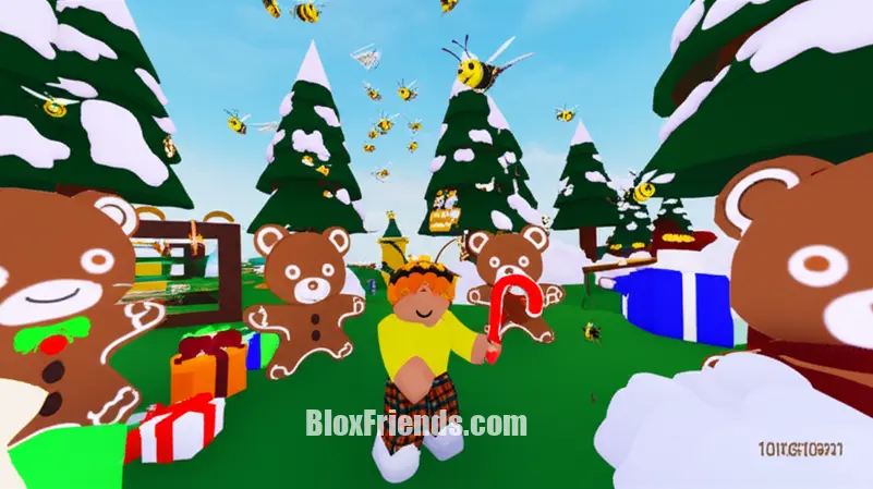 Personagem de Roblox coletando mel com ferramentas festivas e cercado por Gingerbread Bears no evento Beesmas