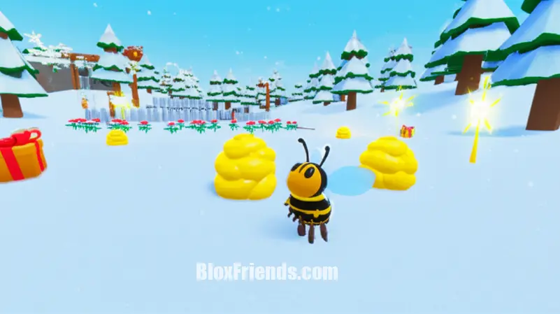 Imagem contextual do Honey Bee de Bee Swarm Simulator coletando pólen em um campo nevado, com recompensas de Beesmas.