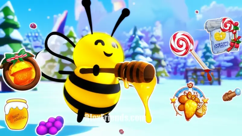 Meio: Itens de recompensa exclusivos do Beesmas em Bee Swarm Simulator, como mel e presentes, sendo coletados pelo Honey Bee em um campo nevado.