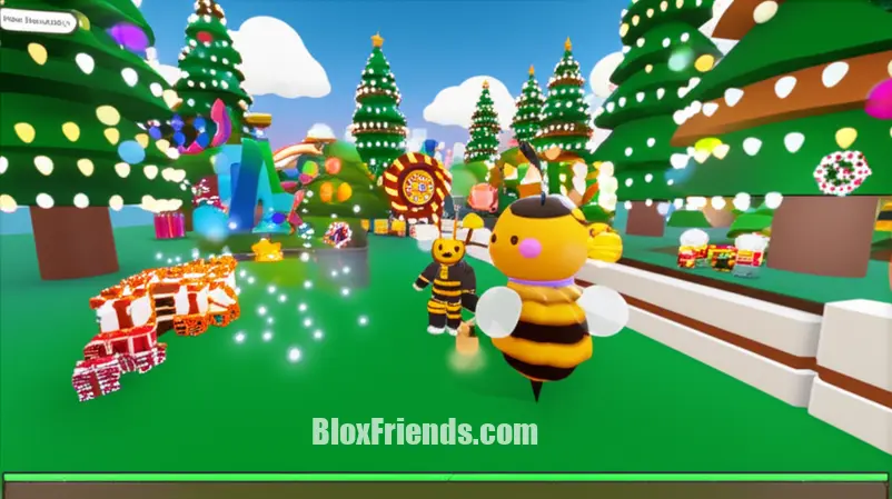 Imagem de um jogador em Bee Swarm Simulator completando uma missão do Honey Bee durante o evento Beesmas
