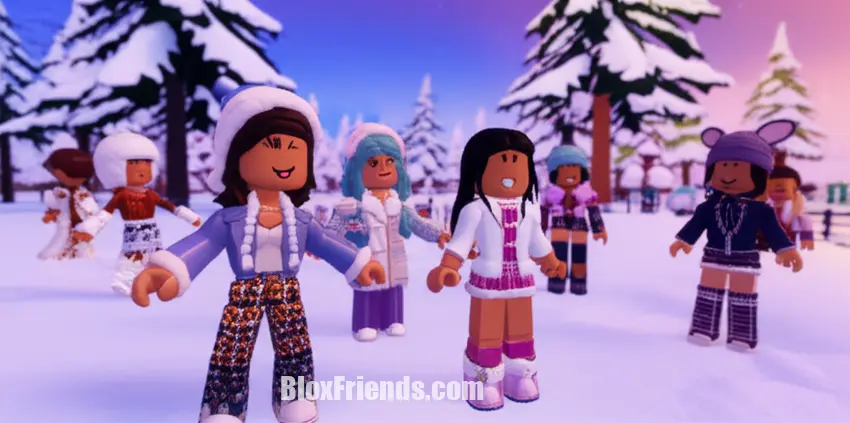 Grupo de personagens Roblox em Berry Avenue, exibindo diversos estilos de inverno em um cenário nevado.