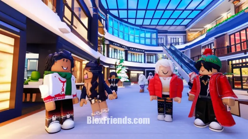 Avatares de Roblox no Berry Avenue RP exibindo diferentes estilos de roupas de inverno em um ambiente urbano.