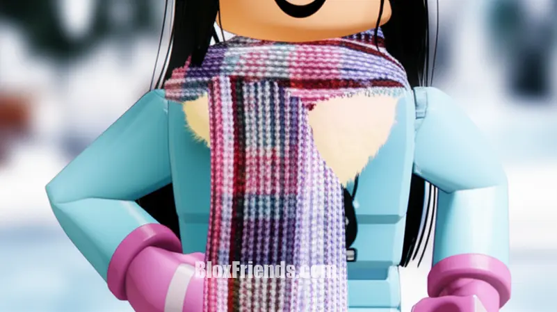 Detalhe de um cachecol de tricô e luvas em um avatar de Roblox em Berry Avenue RP, com fundo desfocado de inverno.