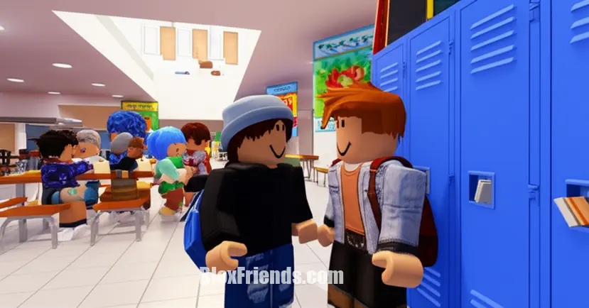 Cena de roleplay na cantina da nova High School de Berry Avenue, com dois avatares de Roblox conversando e rindo.