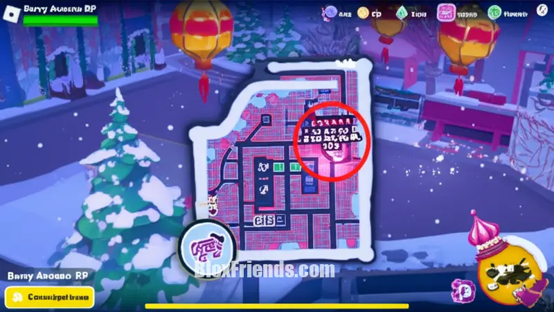 Seção do mapa de Berry Avenue RP destacando uma área secreta com um item especial e decorações de Ano Novo 2026, em estilo de interface de jogo.