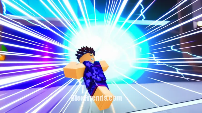 Personagem de Blade Ball ativando uma habilidade poderosa com efeitos visuais, em uma cena de combate PvP.