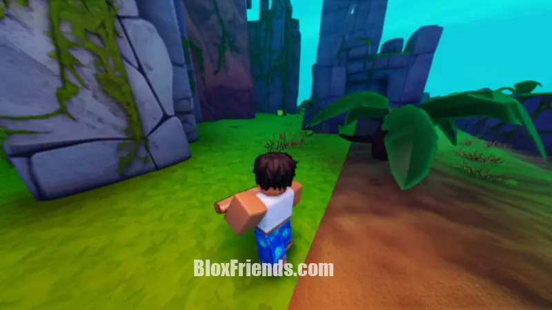 Personagem de Blox Fruits explorando uma ilha secreta com ruínas antigas e um mapa, simbolizando a busca por espadas escondidas.