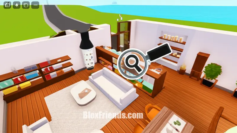 Imagem de dentro de uma casa de Brookhaven RP com uma lupa digital destacando um local suspeito onde um cofre secreto pode estar escondido.