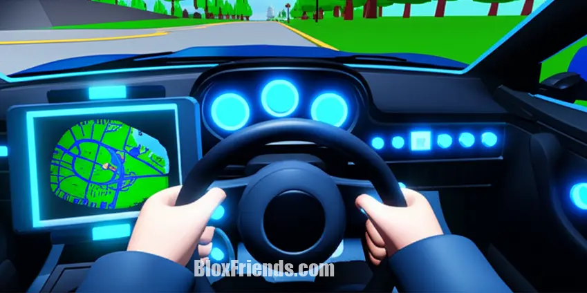 Imagem do meio: Interior de carro de polícia futurista em Brookhaven RP com painel de controle.