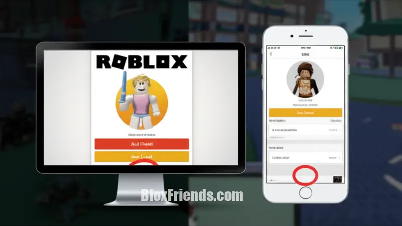 Tela de perfil de personagem Roblox em PC e celular, com o botão 'Adicionar Amigo' claramente destacado, ilustrando o processo de envio de solicitação.