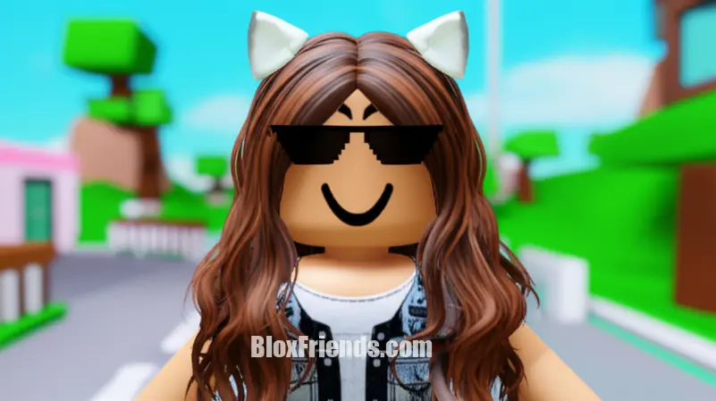 Imagem detalhada de um avatar Roblox com cabelo, rosto e acessórios gratuitos, exibindo um look único e criativo.