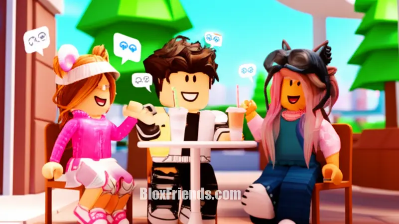 Personagens de Roblox engajados em uma cena de roleplay em Brookhaven, em um ambiente como um café ou parque, com balões de fala e expressões de emoção.