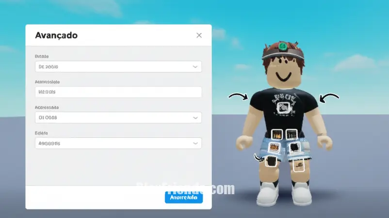 Captura de tela da interface do editor de avatar avançado do Roblox, com campos para IDs de acessórios e um avatar sendo customizado com vários itens.