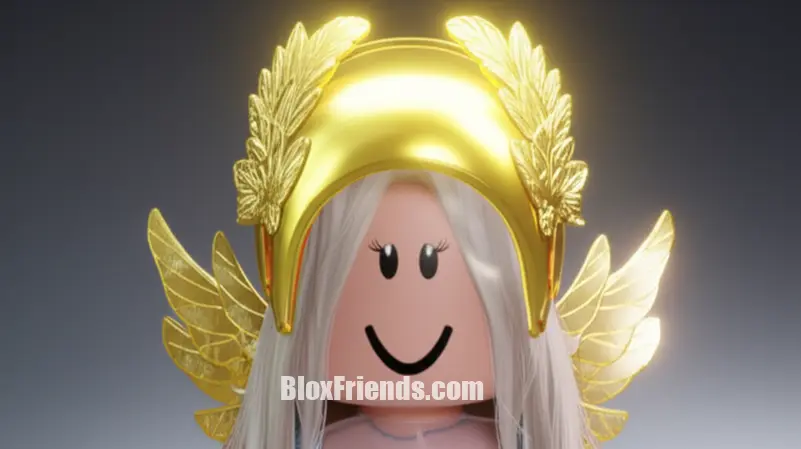 Close-up de um capacete ou acessório de cabeça de anjo no Dress To Impress, com detalhes em ouro e penas, em um fundo suave.